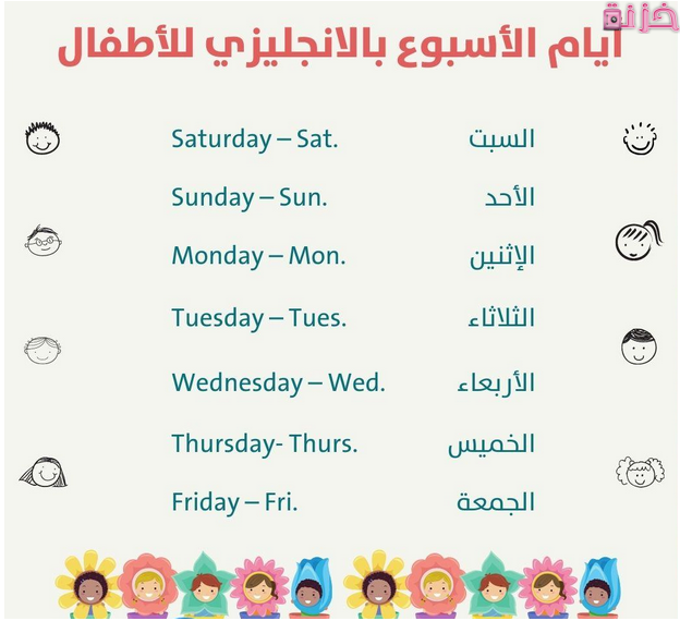 أسماء أيام الاسبوع بالانجليزي والعربي للاطفال مكتوبة وطرق حفظها