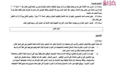 نموذج لائحة داخلية تنظيمية لشركة